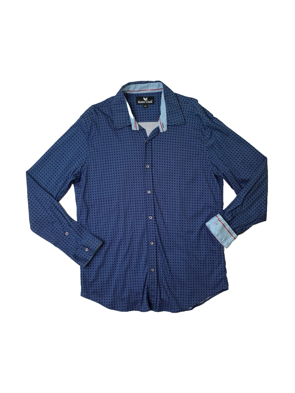 Butter Cloth Shirt Mens XL Blues Cotton Flip Cuff Long Sleeve‎ Printed Button Up